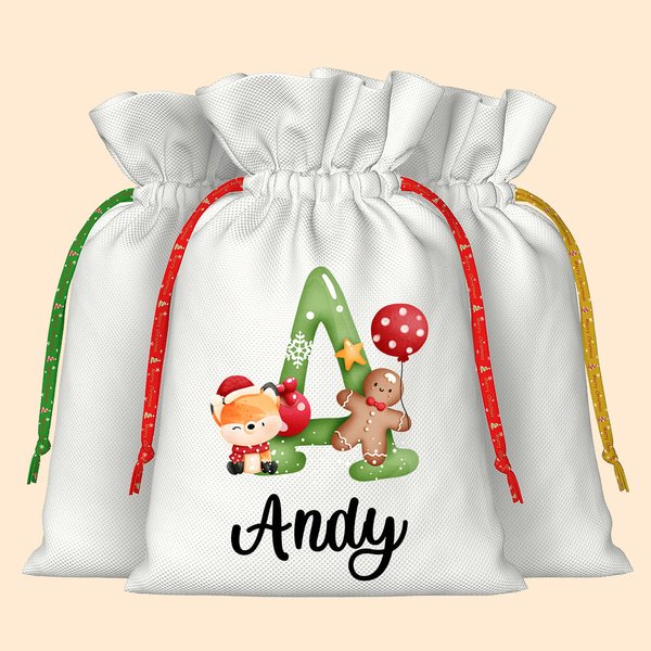 Sac à Cordon en Lin Personnalisé avec Nom Motif Animal Bonhomme en Pain d'Épices Cadeaux de Fête Noël pour Emballage