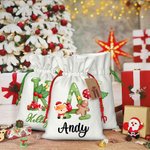 Sac à Cordon en Lin Personnalisé avec Nom Motif Animal Bonhomme en Pain d'Épices Cadeaux de Fête Noël pour Emballage