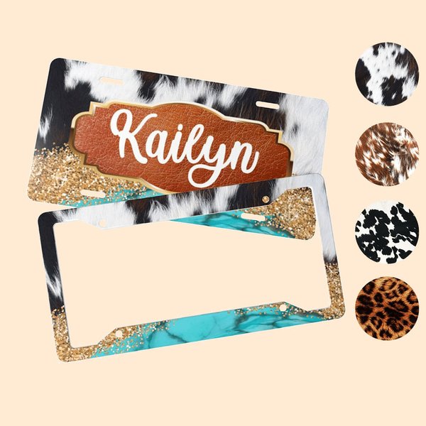 Gepersonaliseerde Aluminium Turquoise en Koe Huid Glitter Decoratieve Nummerplaat