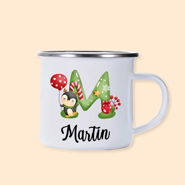 Taza de camping esmaltada personalizada con el alfabeto navideño de 12 oz para niños