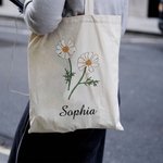 Personalised Birth Flower Canvas Tote Bag with Name Large Capacity Mother's Day Birthday Gift for Women
