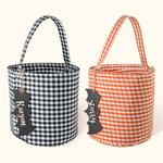 Personalized Halloween Plaid Trick-or-Treat Bag with Wood Bat Name Tag and Handle Halloween Gift for Kids