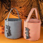 Personalized Halloween Plaid Trick-or-Treat Bag with Wood Bat Name Tag and Handle Halloween Gift for Kids