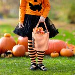 Personalized Halloween Plaid Trick-or-Treat Bag with Wood Bat Name Tag and Handle Halloween Gift for Kids