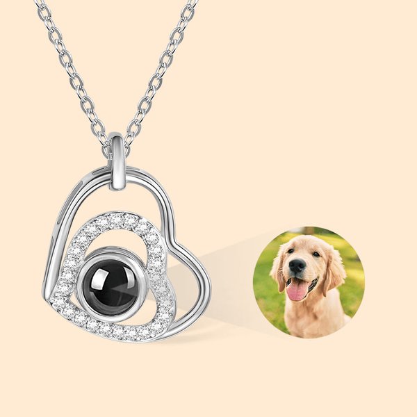 Double Heart Photo Projection Necklace with Diamonds