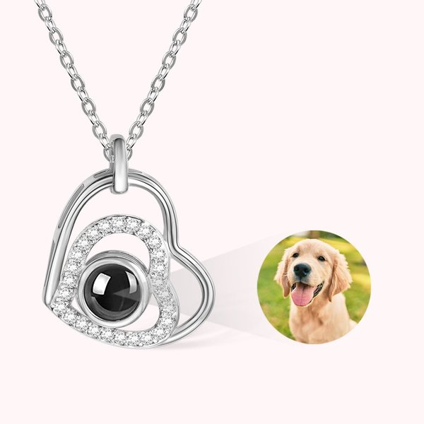 Double Heart Photo Projection Necklace with Diamonds
