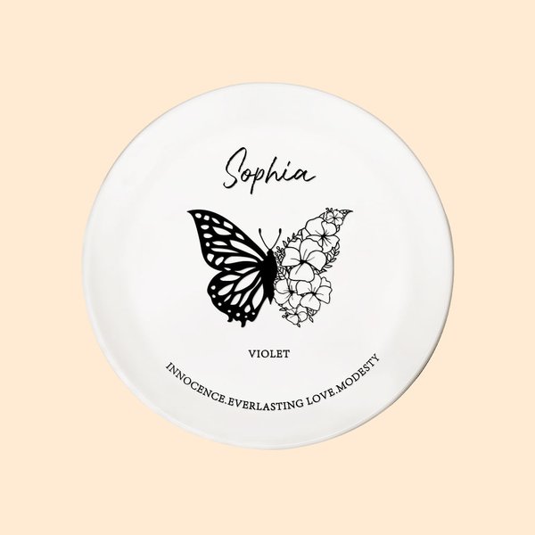 Plato de joyería personalizado con diseño de tatuaje de flor de nacimiento y mariposa
