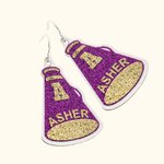 Personalisierte Glitter Cheer Megaphon Kunstleder Ohrringe mit Namen und Initialen Geburtstag Team Geschenk für Cheerleading-Enthusiasten