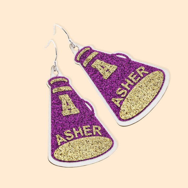 Pendientes personalizados de cuero artificial con nombre e inicial de porrista Megáfono de purpurina Cumpleaños Regalo de equipo para entusiastas de las porristas