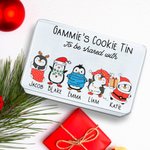 Personalised Cute Christmas Penguin Characters Metal Biscuit Tin