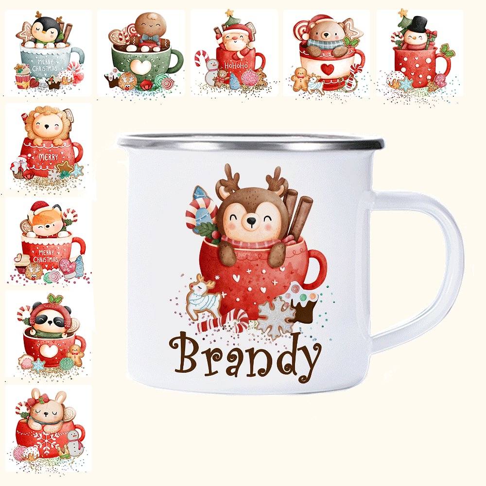 Tasse de camping personnalisée avec nom d'un animal de Noël.