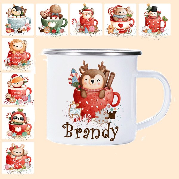 Taza de camping personalizada de animales navideños de dibujos animados con nombre