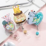 Personalized Classic Winnie the Pooh and Friends with Nursing Cap Retractable Glitter Badge Reel Cartoon Sequin Shaker Gift for Nurse Doctor