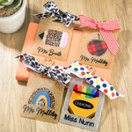 Gepersonaliseerde Glitter Luipaard Print Pencil Apple Regenboog kralen sleutelkoord en tas Tag Set terug naar school Waardering Gift voor leerkracht