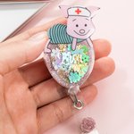 Personalized Classic Winnie the Pooh and Friends with Nursing Cap Retractable Glitter Badge Reel Cartoon Sequin Shaker Gift for Nurse Doctor