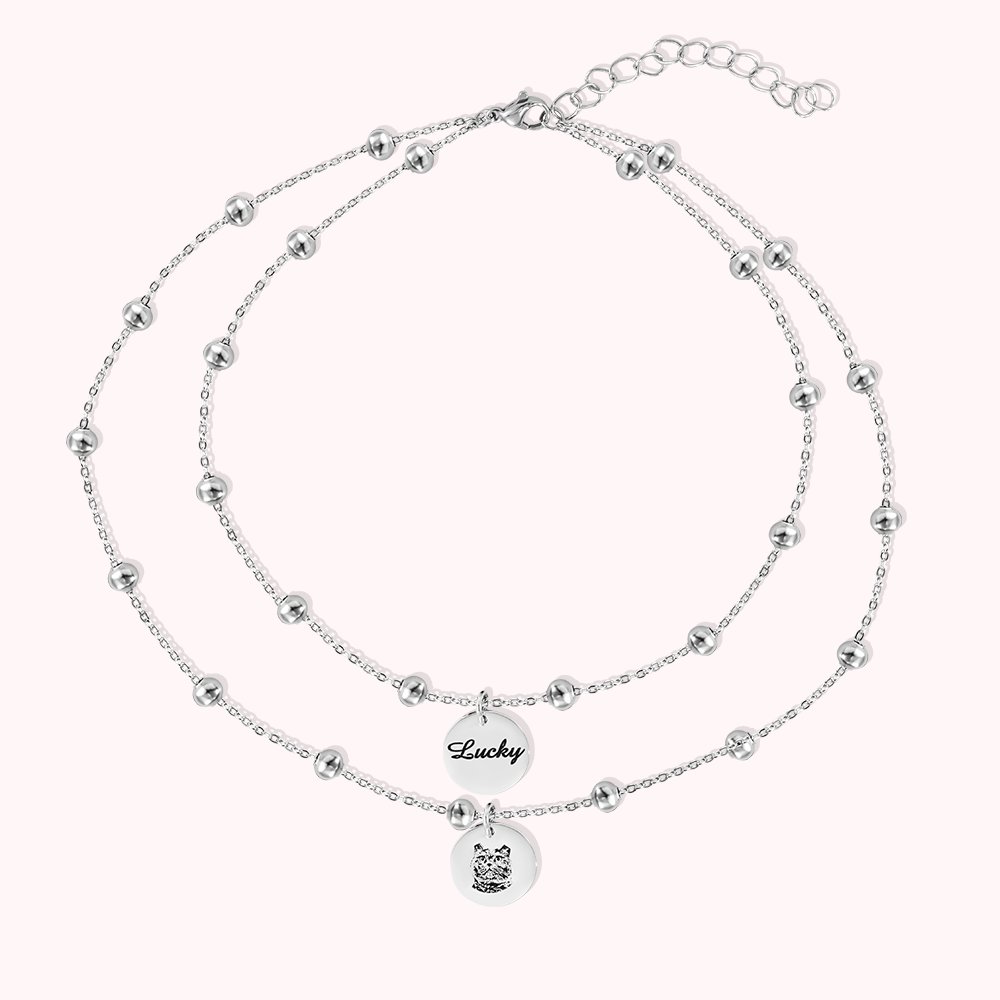 Collier Perle Double Chaînes Personnalisées avec Prénom et Photo de l'Animal de Compagnie Cadeau Anniversaire Commémoratif pour Amoureux d'Animal