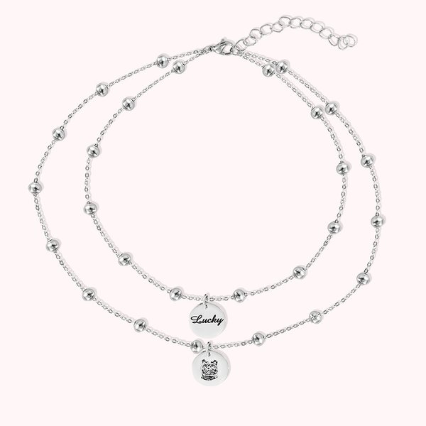 Collier Perle Double Chaînes Personnalisées avec Prénom et Photo de l'Animal de Compagnie Cadeau Anniversaire Commémoratif pour Amoureux d'Animal