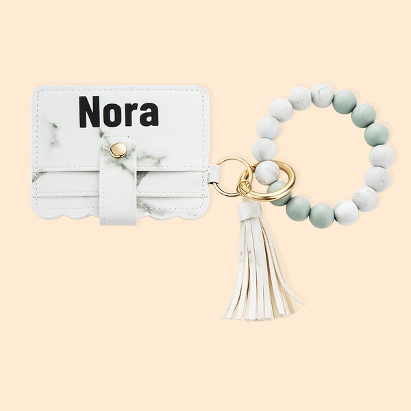 Portafoglio in pelle con portachiavi personalizzato e braccialetto con perline