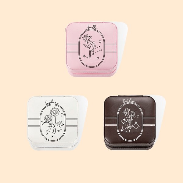 Personalized Leather Name Birth Flower and Zodiac Jewelry Box for Women Girls