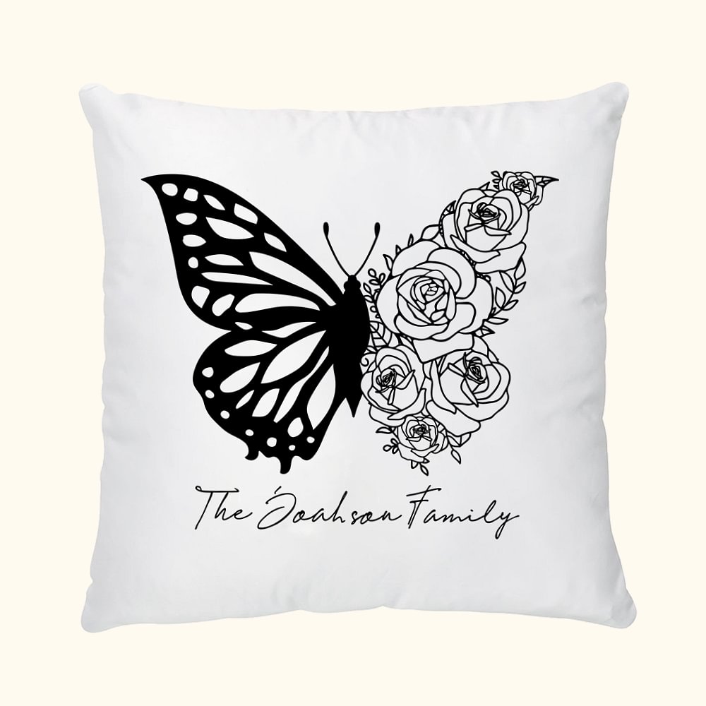 Housse d'Oreiller Personnalisée avec Nom et Fleur de Naissance Taie d'Oreiller Motif Moitié Papillon Moitié Fleurs Cadeau Anniversaire Fête pour Femme