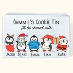 Personalisierte Niedliche Cartoon-Pinguin mit 1-8 Namen und Figuren Weihnachten Metall Keksdose Geschenk für Kinder Pinguinliebhaber