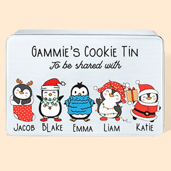 Personalisierte Niedliche Cartoon-Pinguin mit 1-8 Namen und Figuren Weihnachten Metall Keksdose Geschenk für Kinder Pinguinliebhaber