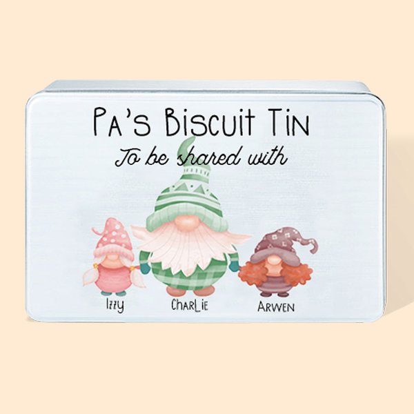 Scatola di biscotti in metallo personalizzata con gnomo natalizio nano