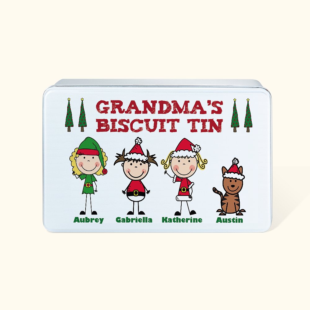 Boîte à Biscuits Noël Personnalisée avec Titre Noms et Dessins Cartoon Cadeau Mignon pour Enfant Famille