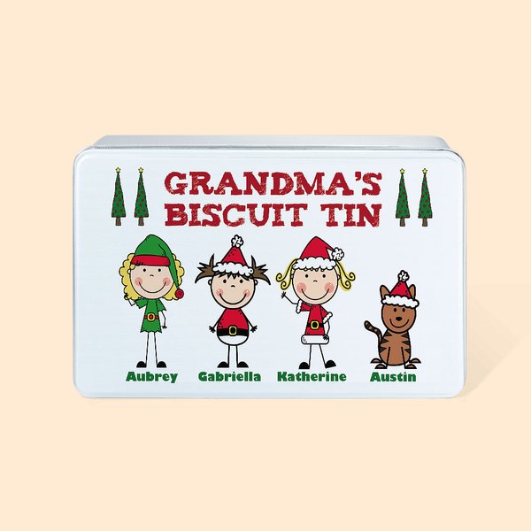 Lata de galletas de metal con clipart familiar navideño personalizado