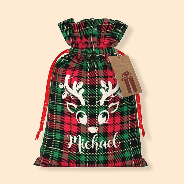Personalizzato adorabile renna Natale Plaid sacchetto regalo con tag per la decorazione di Natale