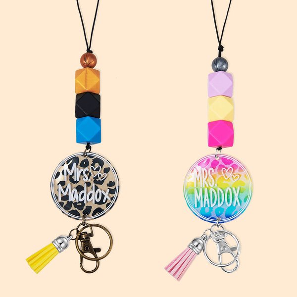 Cordón personalizado con nombre de leopardo, borla y cuentas Regalo de agradecimiento por la vuelta al cole para un profesor