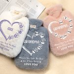 Botella de agua caliente personalizada con forma de corazón y funda de forro polar supersuave para la abuela