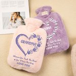 Botella de agua caliente personalizada con forma de corazón y funda de forro polar supersuave para la abuela