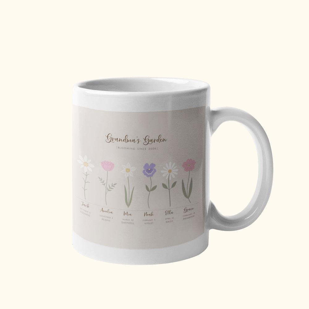 Mug en Céramique Personnalisé avec 1-16 Noms et Fleurs de Naissance Tasse à Café Jardin Familial Cadeau Anniversaire Fête pour Maman Grand-Mère