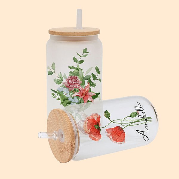 Bouteille en Verre avec Couvercle et Paille Personnalisée Nom et Fleurs de Naissance Aquarelle Cadeau de Fête des Mères pour Maman Grand-mère