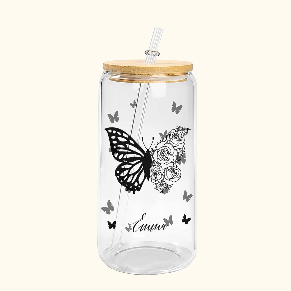 Gobelet en Verre Personnalisé avec Nom et Fleur de Naissance Design Moitié Papillion Moitié Fleur Cadeau Anniversaire Fête pour Maman Grand-Mère