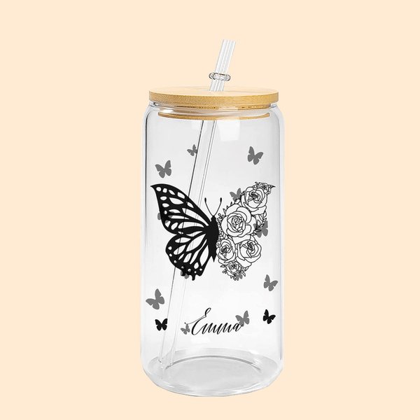 Personalised Half Butterfly Half Birth Flower Can Tumbler Glass with Bamboo Lids 20oz
