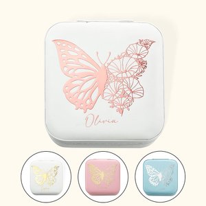 Boîte à Bijoux en Cuir Personnalisée avec Fleur de Naissance en Papillon Cadeau Anniversaire pour Femme