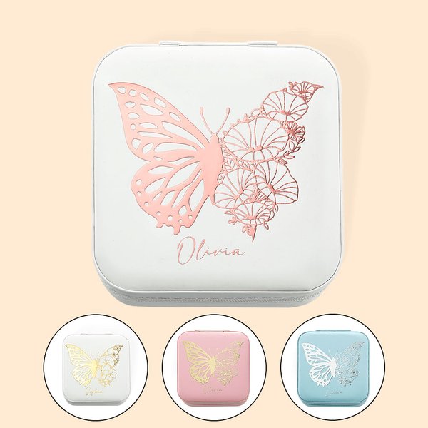 Boîte à Bijoux en Cuir Personnalisée avec Fleur de Naissance en Papillon Cadeau Anniversaire pour Femme