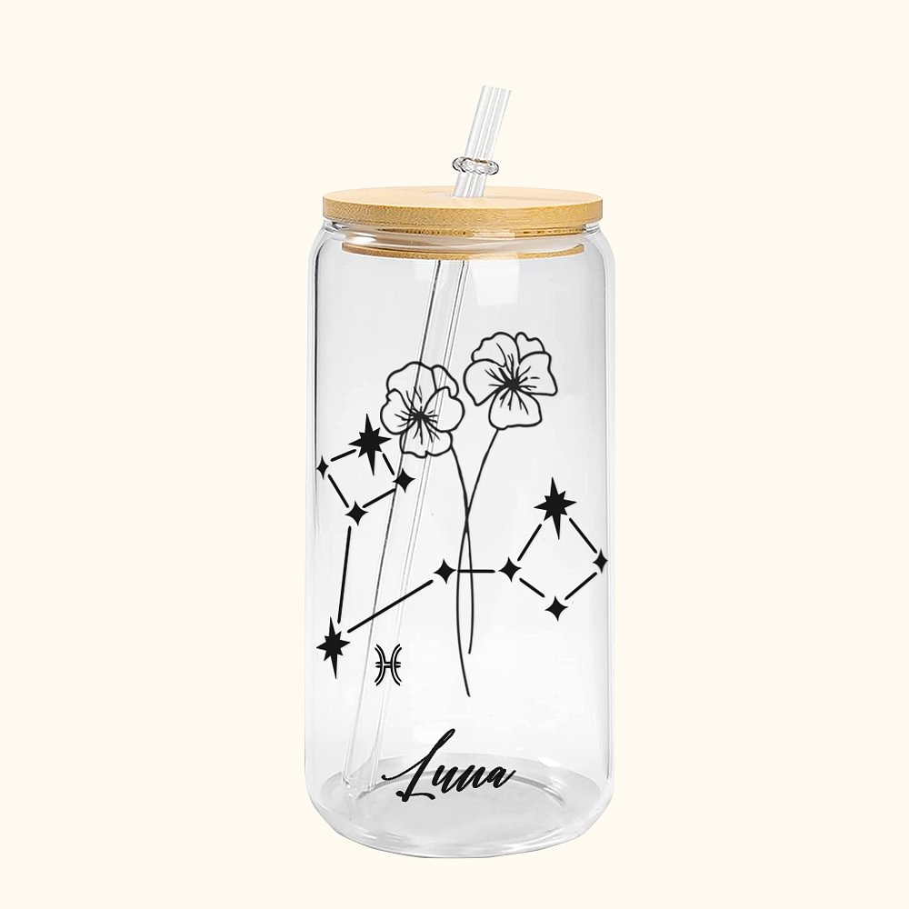 Bouteille en Verre Personnalisée avec Nom Signe Astrologique et Fleur de Naissance Verre Canette avec Couvercle en Bambou Cadeau Anniversaire