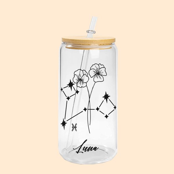 Personalized Name Zodiac and Birth Flower Can Tumbler Glass with Bamboo Lids 20oz