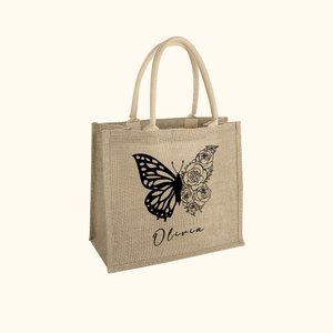 Sac Fourre-tout Personnalisé avec Fleur de Naissance en Papillon Sac en Toile de Jute Cadeau Anniversaire pour Femme
