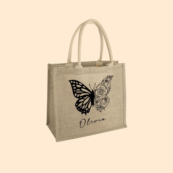 Sac Fourre-tout Personnalisé avec Fleur de Naissance en Papillon Sac en Toile de Jute Cadeau Anniversaire pour Femme