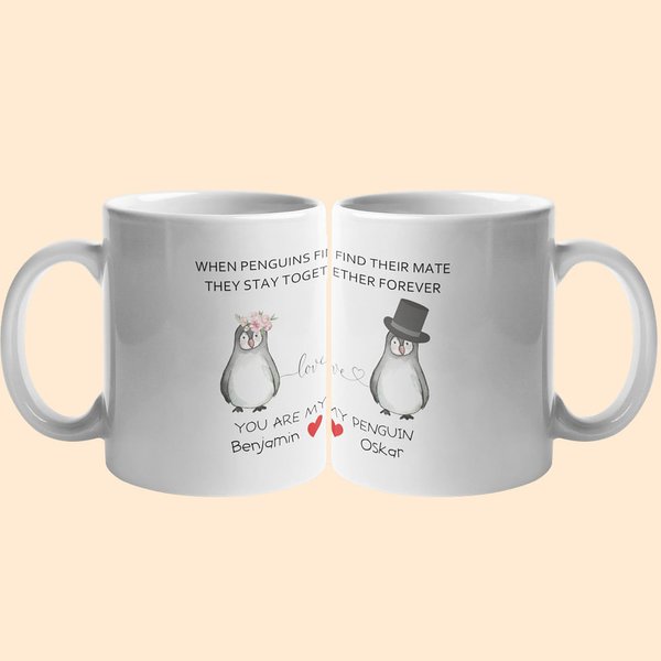 Mug Personnalisé avec Motifs Pingouins et Nom pour Couple Cadeau de Saint-Valentin