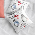 Housse de coussin pour couple de pingouins, personnalisée.