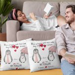 Housse de coussin pour couple de pingouins, personnalisée.