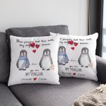 Housse de coussin pour couple de pingouins, personnalisée.