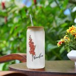 Personalised Vintage Style Watercolor Birth Flower Frosted 20oz Drinking Glass with Straw and Name Gift for Women