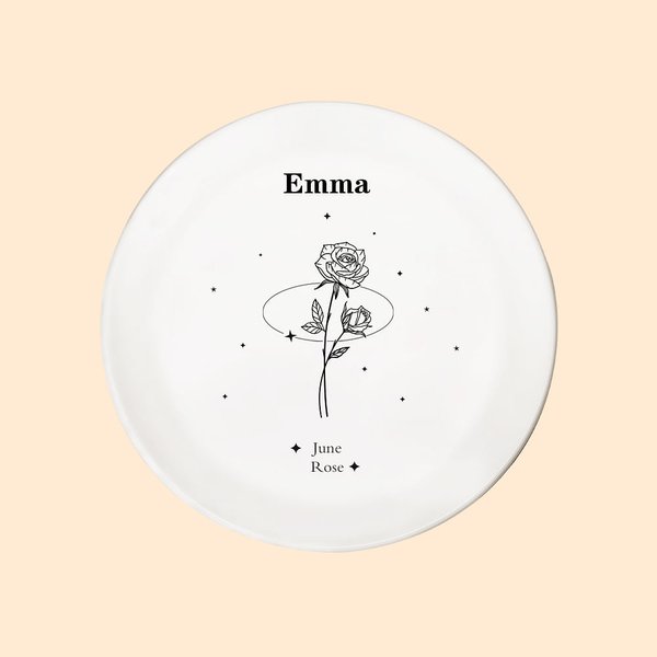 Plat à Bijoux Personnalisé avec Nom et Feur de Naissance Cadeau d'Anniversaire de Fête des Mères pour Femme