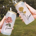 Personalised Vintage Style Watercolor Birth Flower Frosted 20oz Drinking Glass with Straw and Name Gift for Women
